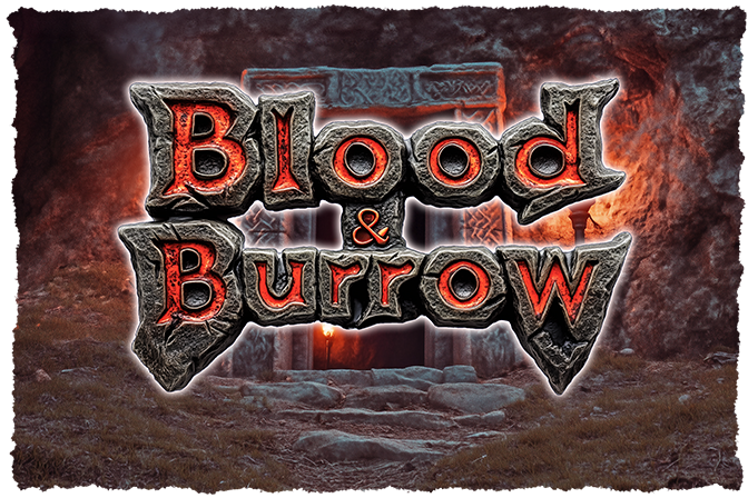 Logo image for Blood and Burrow. A tomb entrance set in a rocky wall featuring grey stone and red accent colors. Text overlay says 